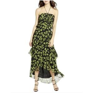 WAYF Zander Floral Print Halter Neck Lime Green Black Midi Dress